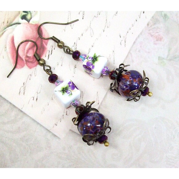 Unbranded Jewelry - Lampwork Earrings Vintage Style. Bronze, Aubergine Purple, Artisan Crafted Jewel